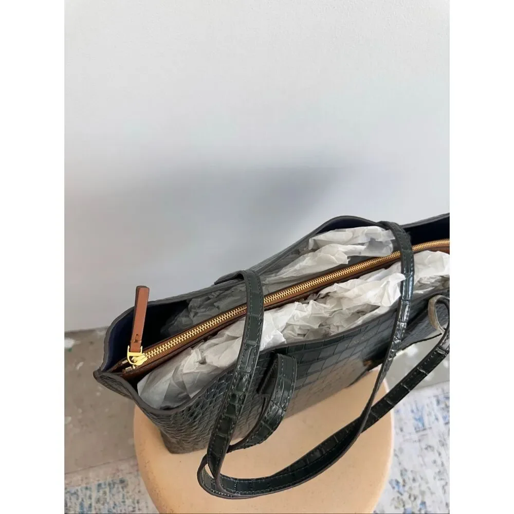 Tory Burch Perry Deep Kelp Green Embossed Triple Compartment Tote Bag